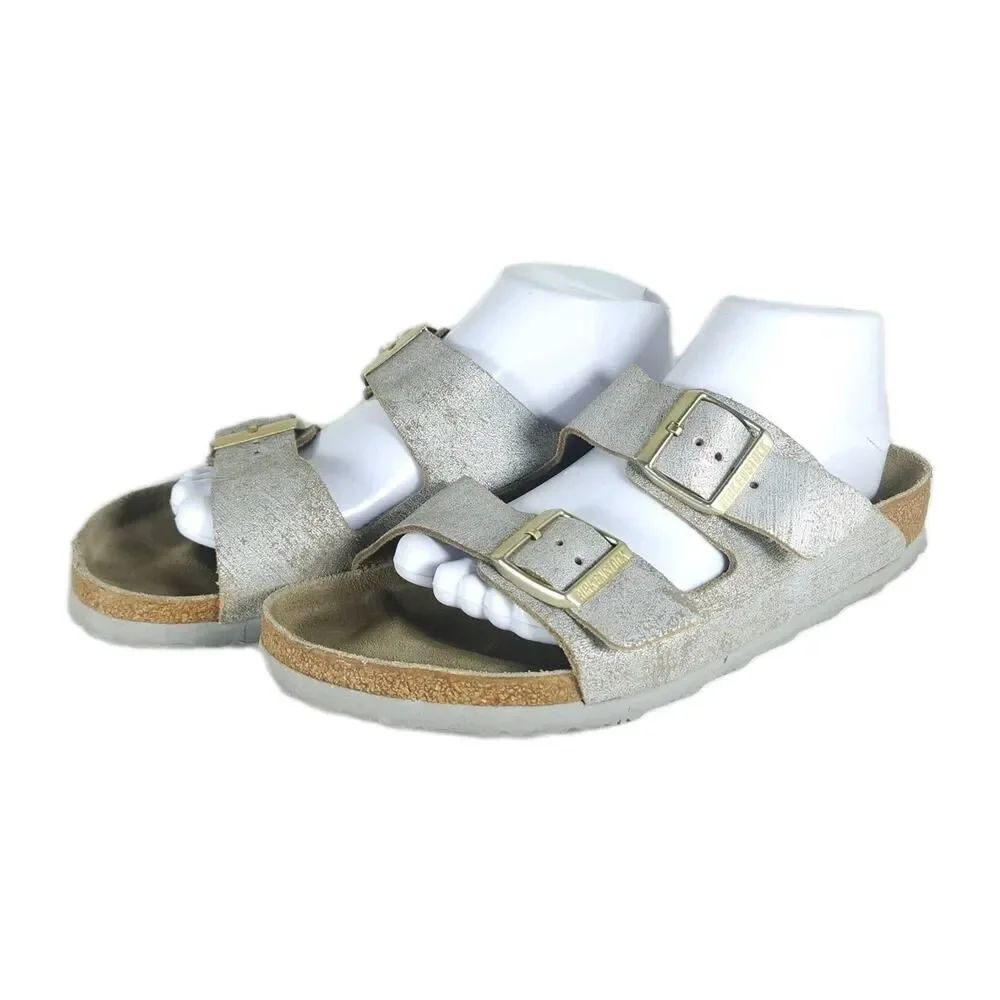 BIRKENSTOCK Arizona Women's 41 US10 Leather Washed Metallic Silver Slide Sandals